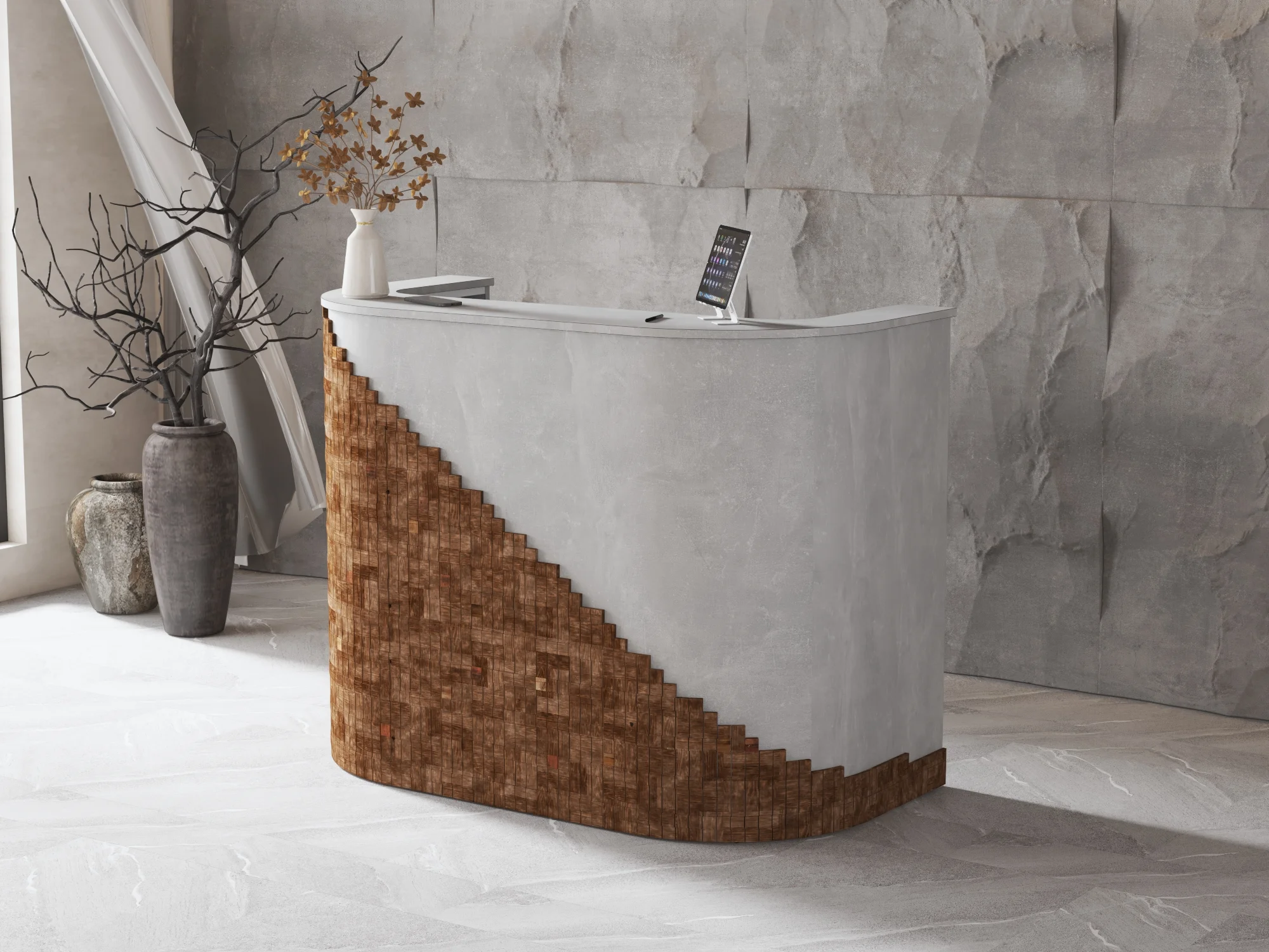 Lada recepcyjna z drewnem